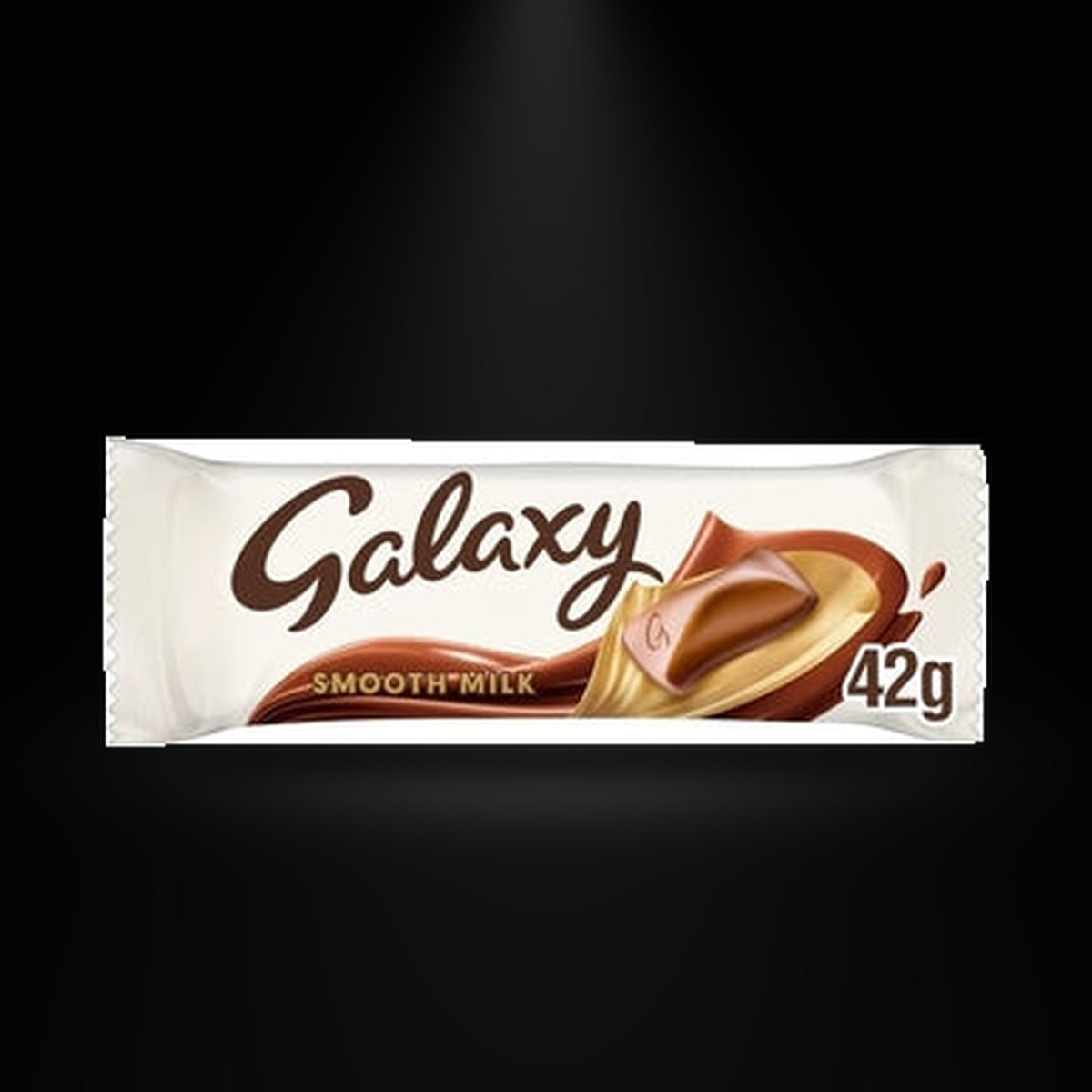 Galaxy Smooth Milk Chocolate 42g on a black background with an overhead spotlight