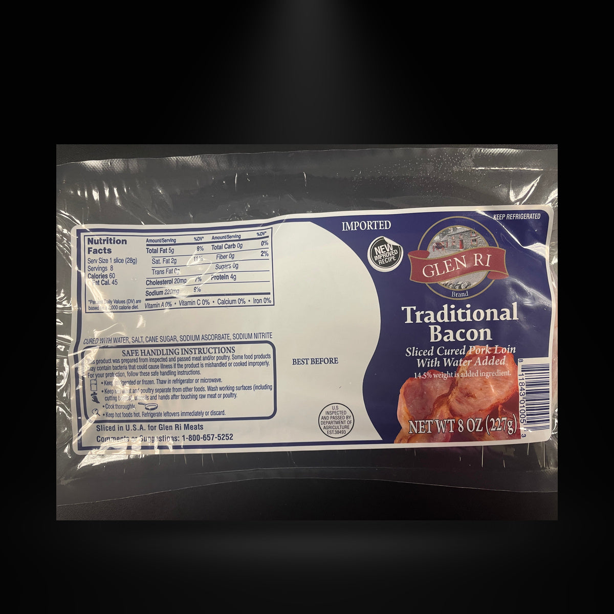 Glen Ri Beacon Rashers 8OZ on a black background with an overhead spotlight