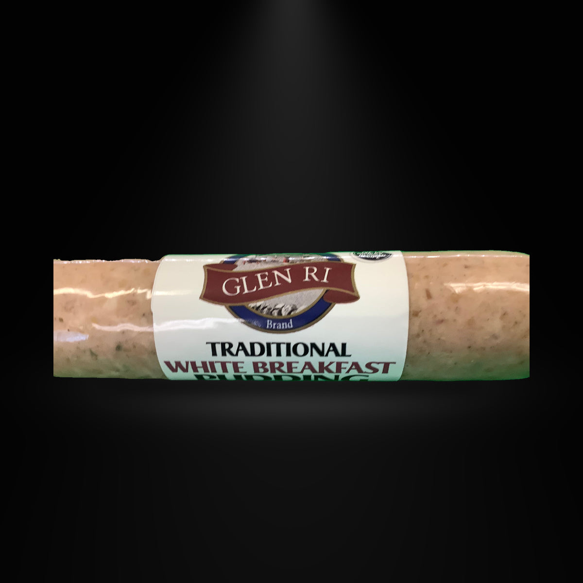 Glen Ri White Pudding 226G on a black background with an overhead spotlight