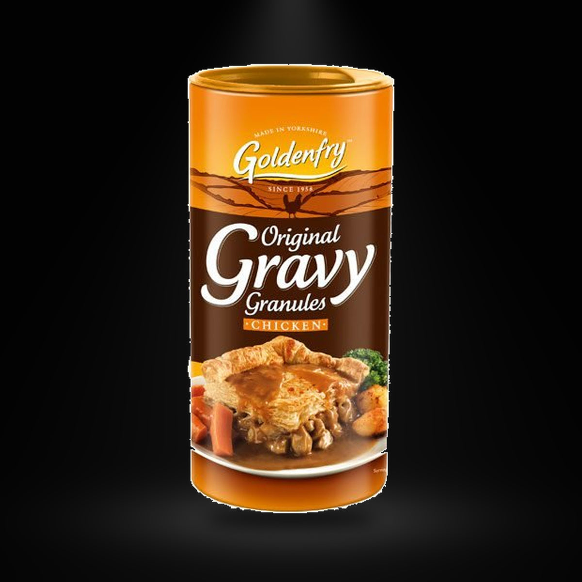 Golden Fry Original Gravy Granules Chicken 300G on a black background with an overhead spotlight