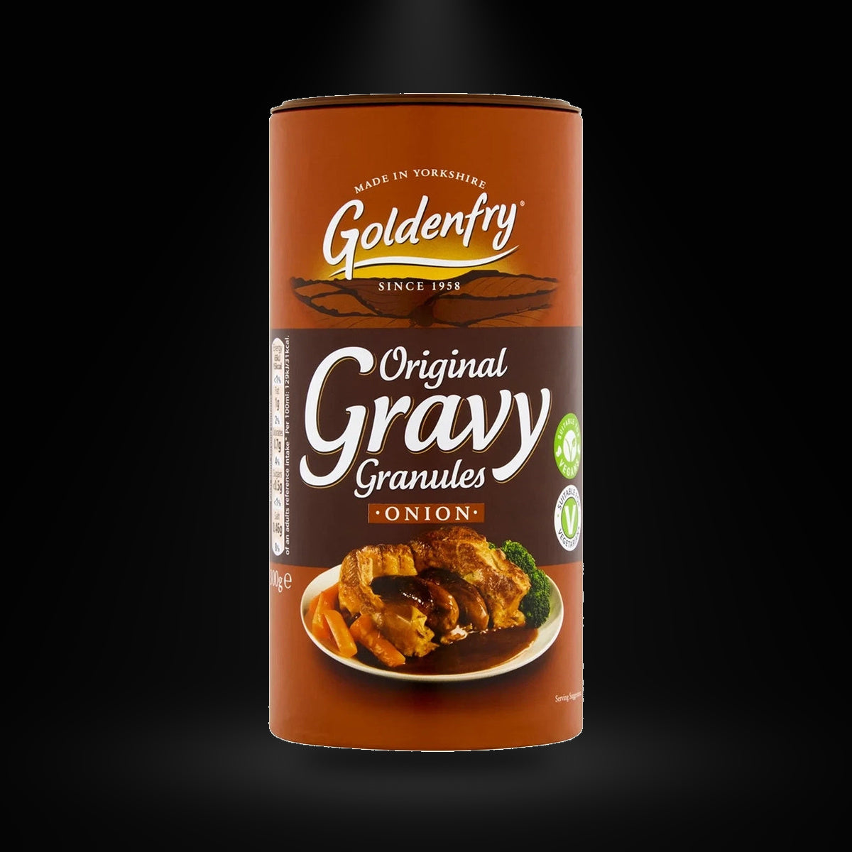 Golden Fry Original Gravy Granules Onion 300G on a black background with an overhead spotlight