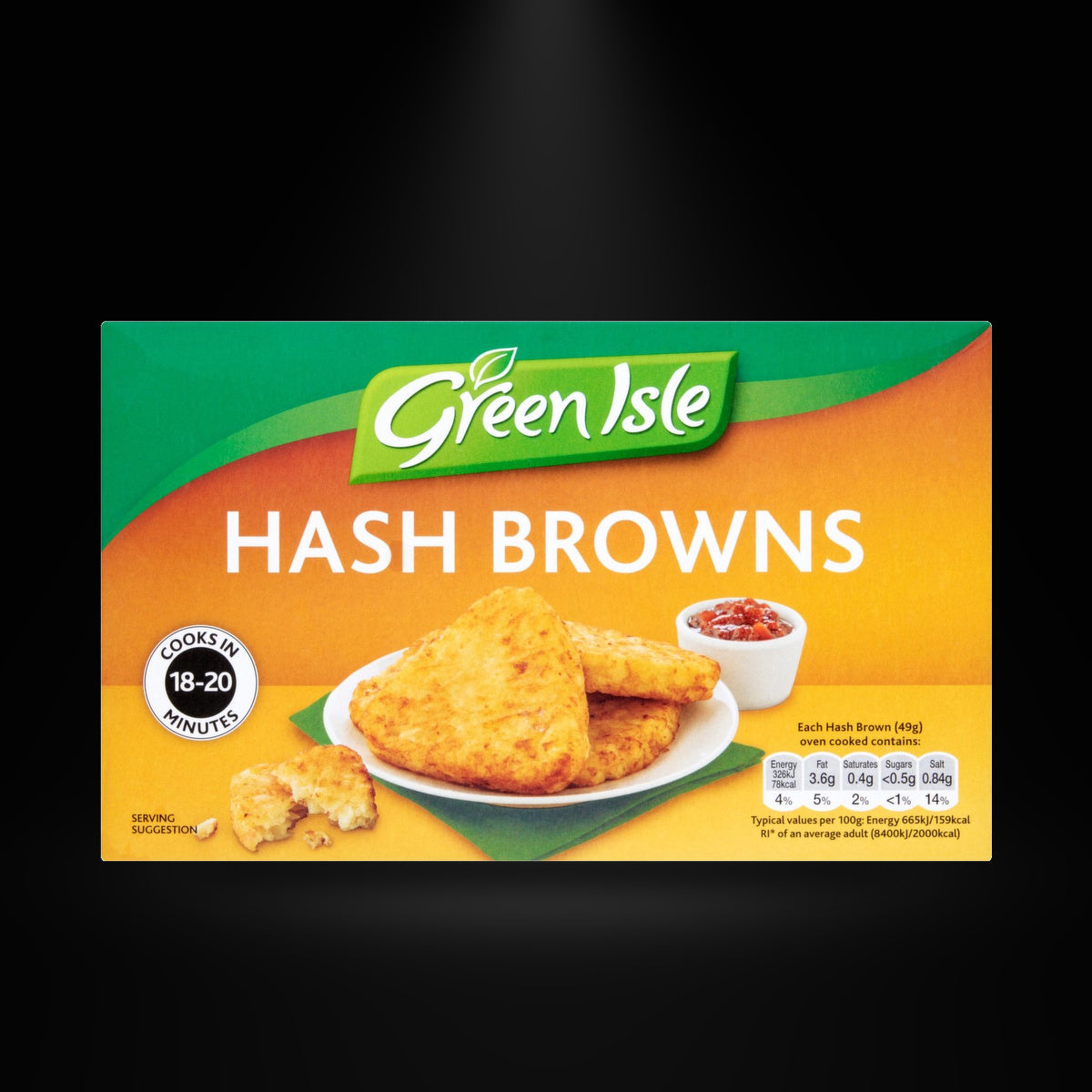 Green Isle Hash Browns on a black background with an overhead spotlight