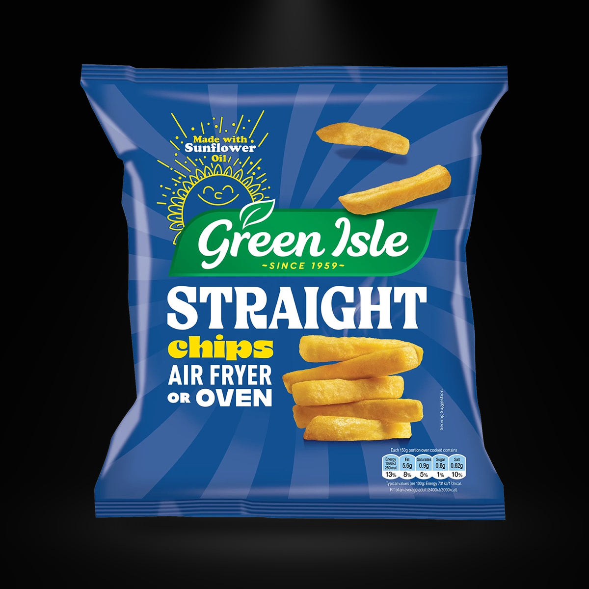 Green Isle Oven Chips 800gm on a black background with an overhead spotlight