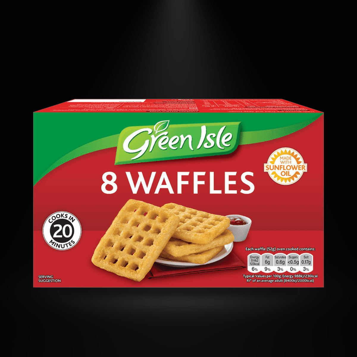 Green Isle Potato Waffles 8pk on a black background with an overhead spotlight