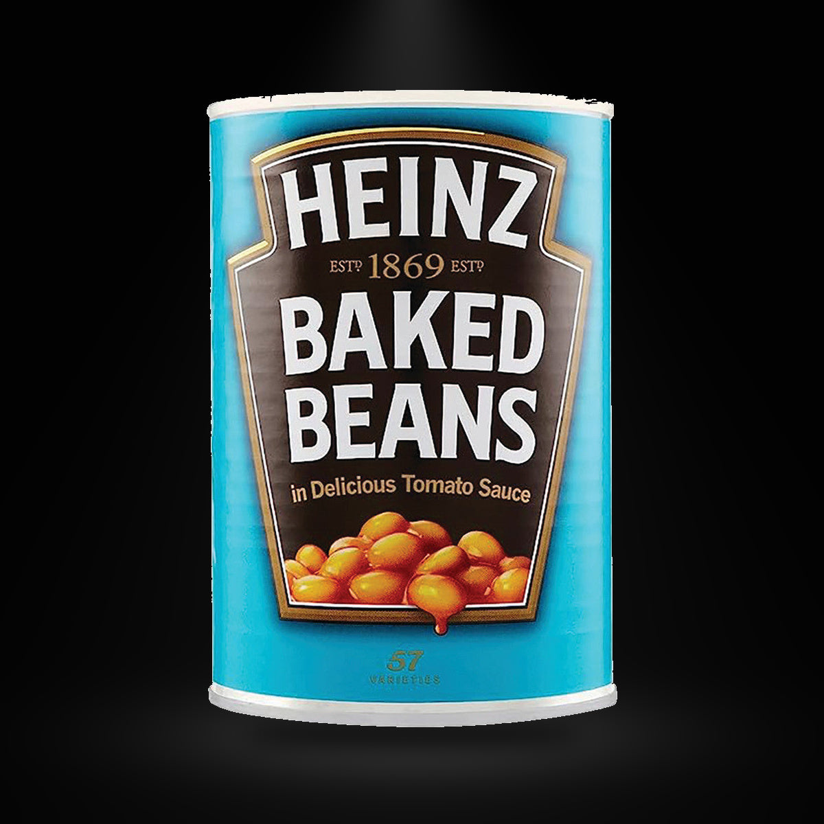 Heinz Beans With Tomato Sauce 13.70 Oz on a black background with an overhead spotlight