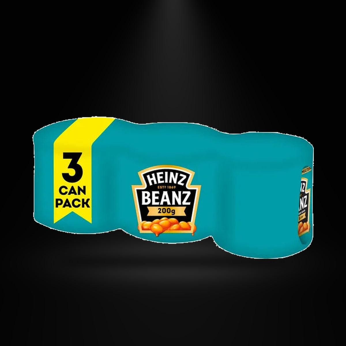 Heinz Beanz 200gm 3pk on a black background with an overhead spotlight