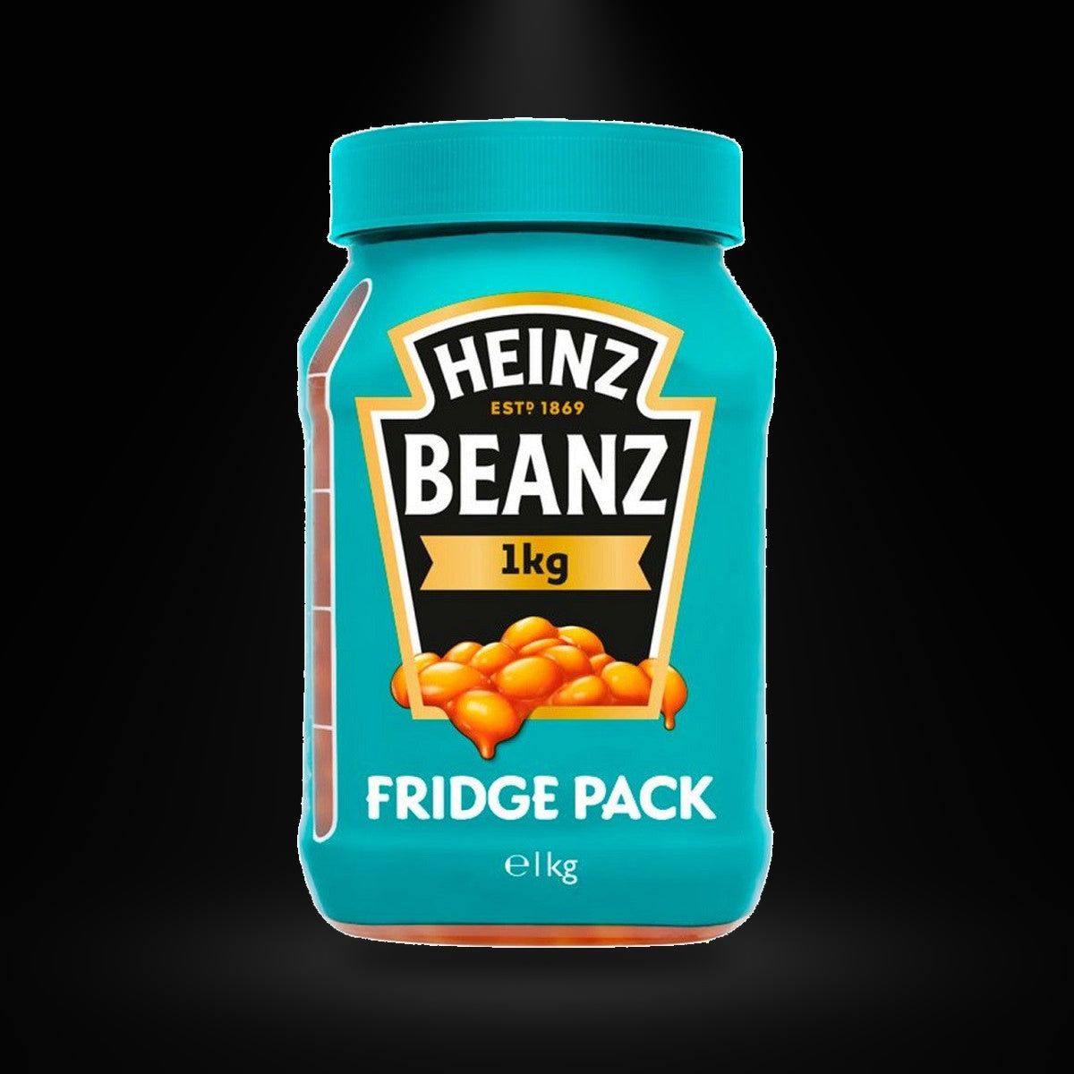 Heinz Beanz Fridge pack 1kg on a black background with an overhead spotlight
