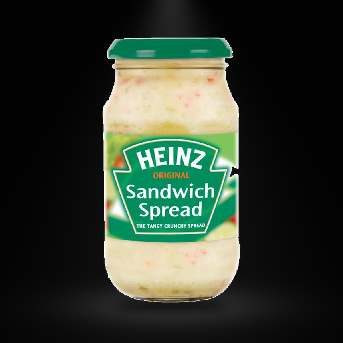 Heinz Sandwich Spread 300g on a black background with an overhead spotlight