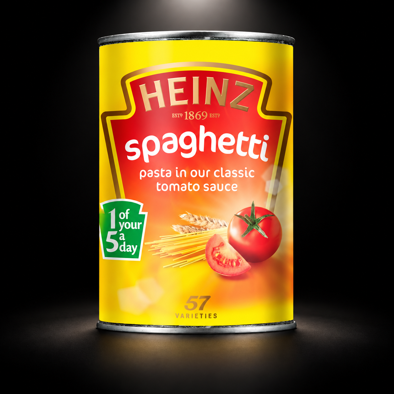 Heinz Spaghetti 400g on black background with overhead spotlight