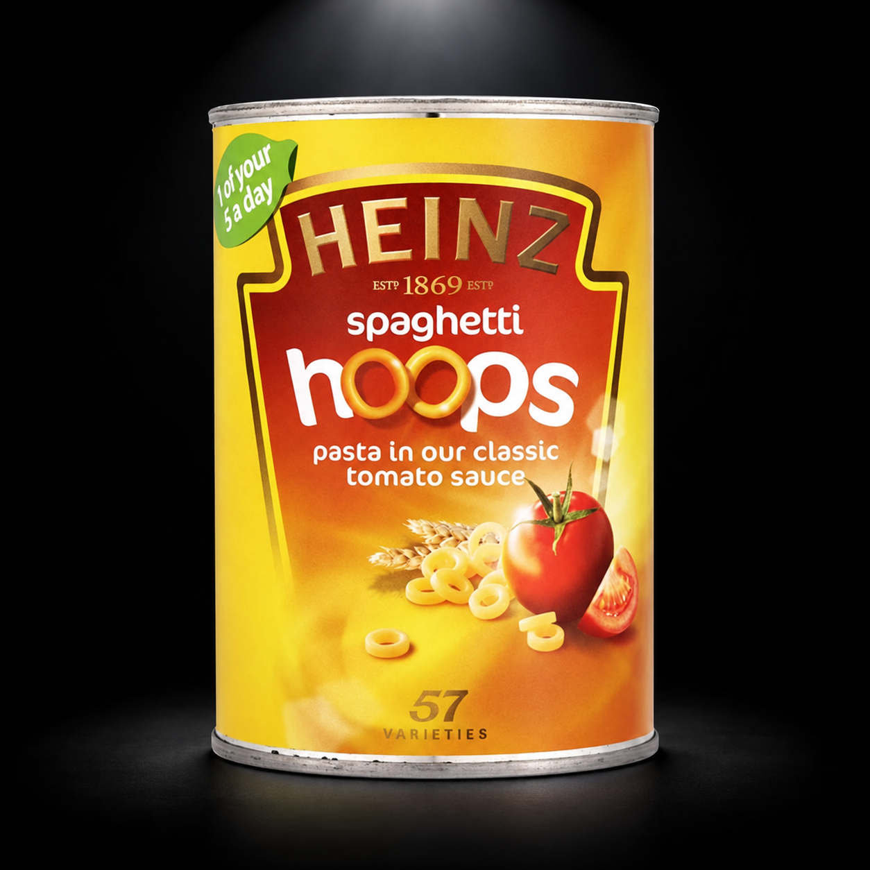 Heinz Spaghetti Hoops 400g on black background with overhead spotlight