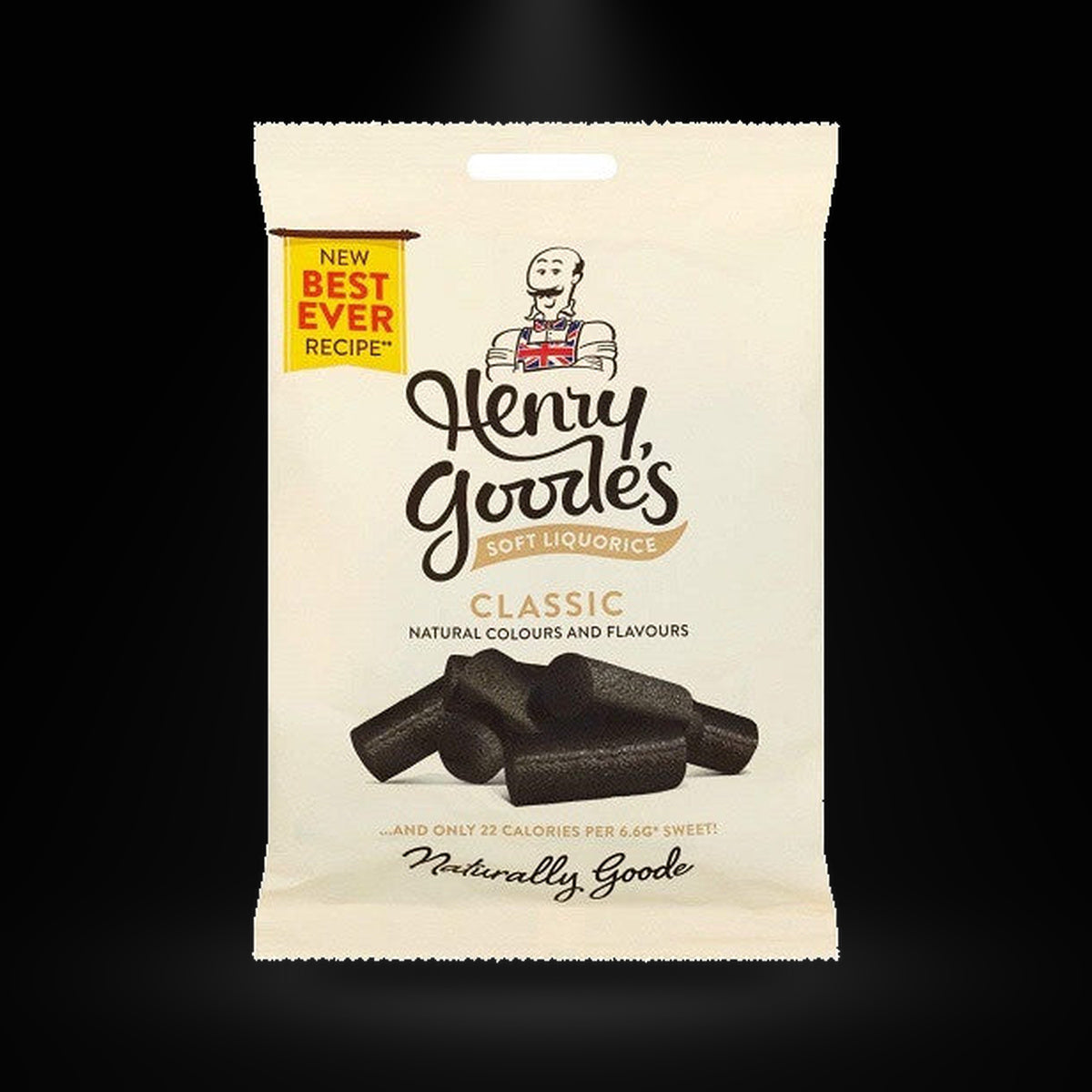 Henry Goode's Classic Soft Liquorice 140g on a black background with an overhead spotlight