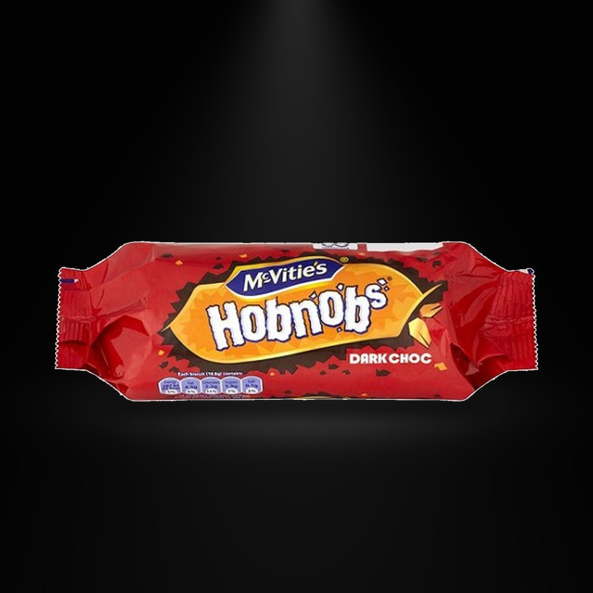 Hobnobs Dark Chocolate 262 gm on a black background with an overhead spotlight