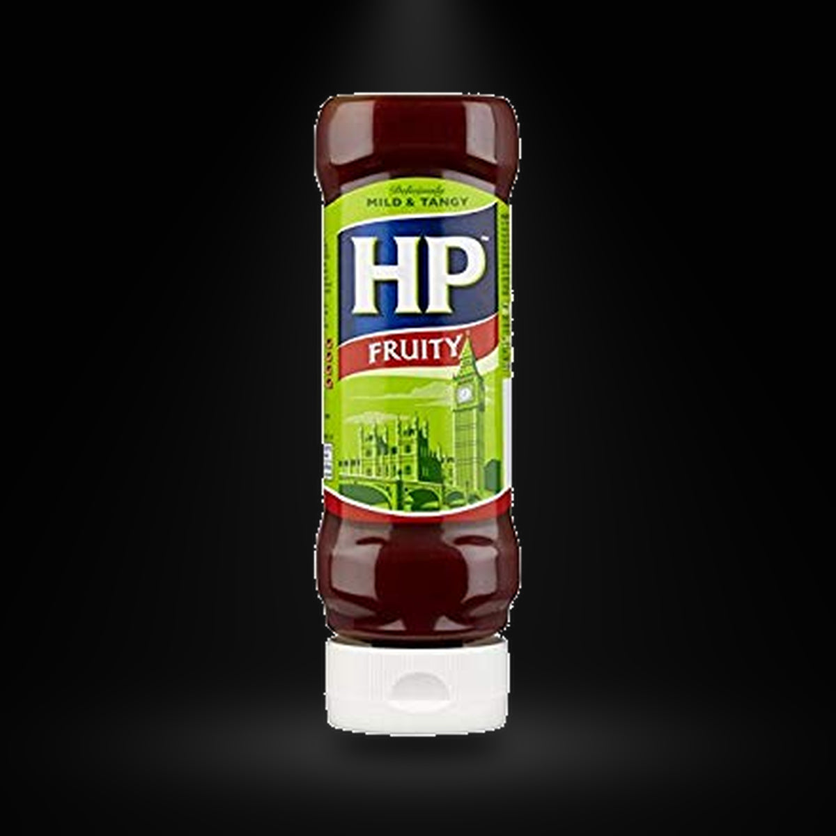 HP Fruity Sauce 470G on a black background with an overhead spotlight