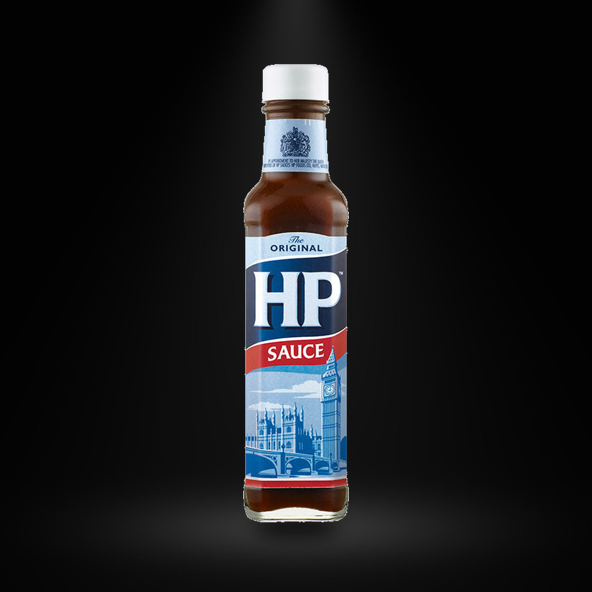 Hp Sauce 90Z on a black background with an overhead spotlight