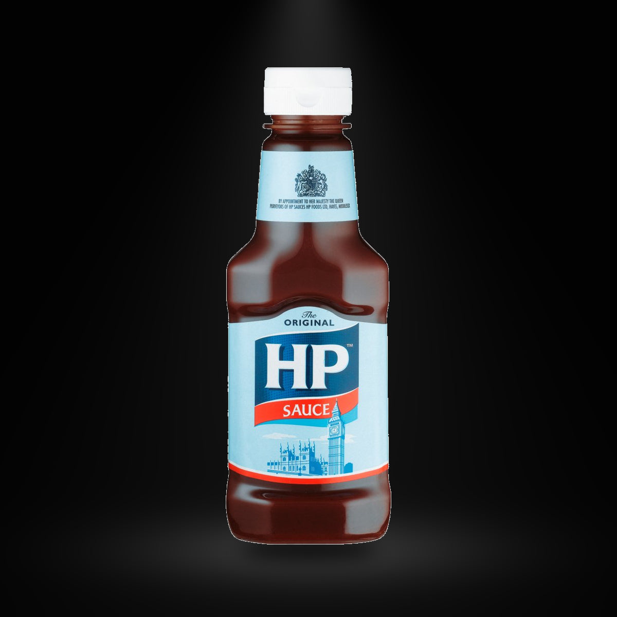 HP Sauce Original 285G on a black background with an overhead spotlight