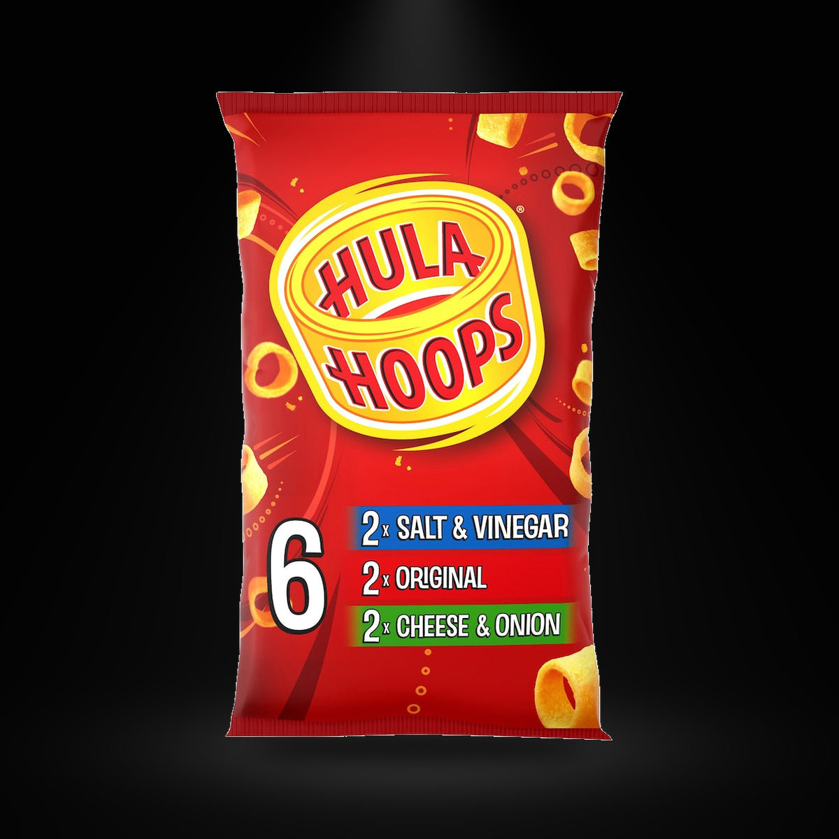 Hula hoops Family 6pk on a black background with an overhead spotlight