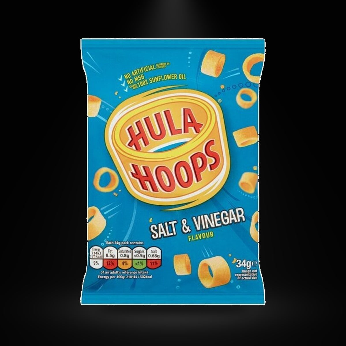 Hula hoops Salt&Vinegar on a black background with an overhead spotlight