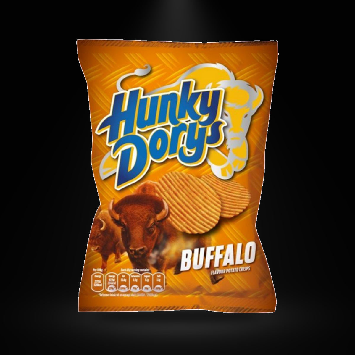 Hunky Dory Buffalo on a black background with an overhead spotlight