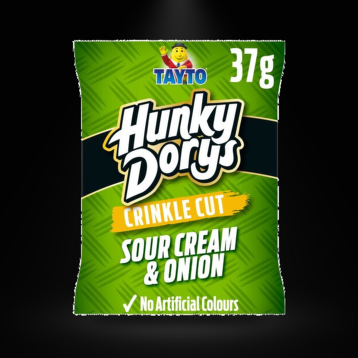Hunky dory's Sour Cream&Onion on a black background with an overhead spotlight