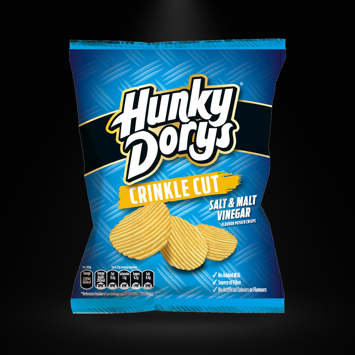 Hunky Dory Salt n Vinegar on a black background with an overhead spotlight