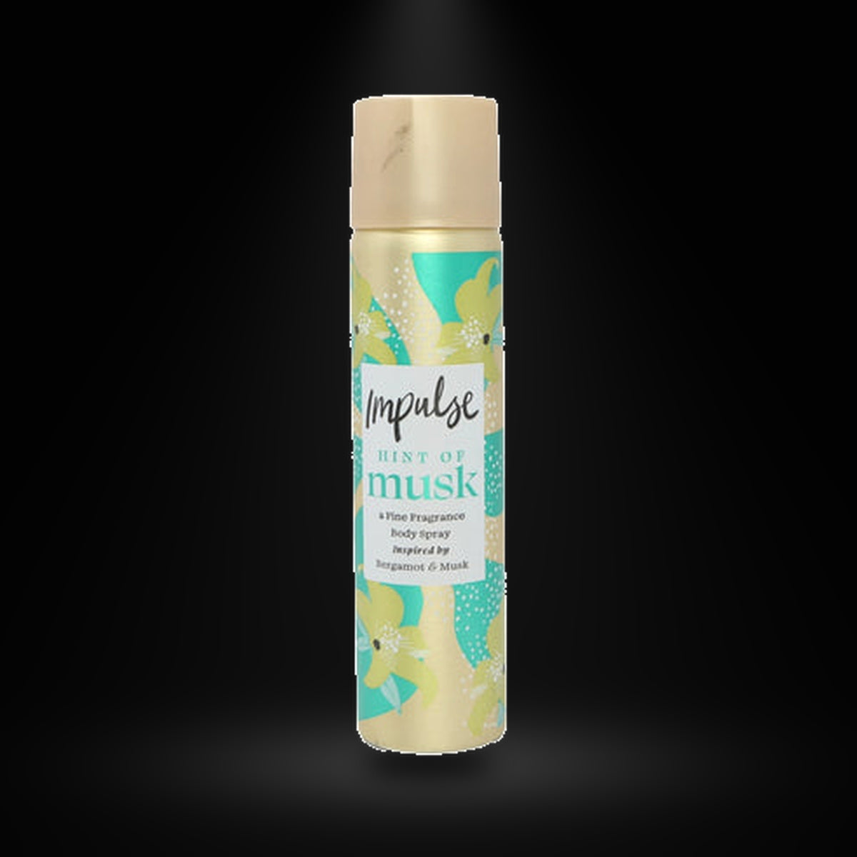 Impulse musk 75 ml on a black background with an overhead spotlight