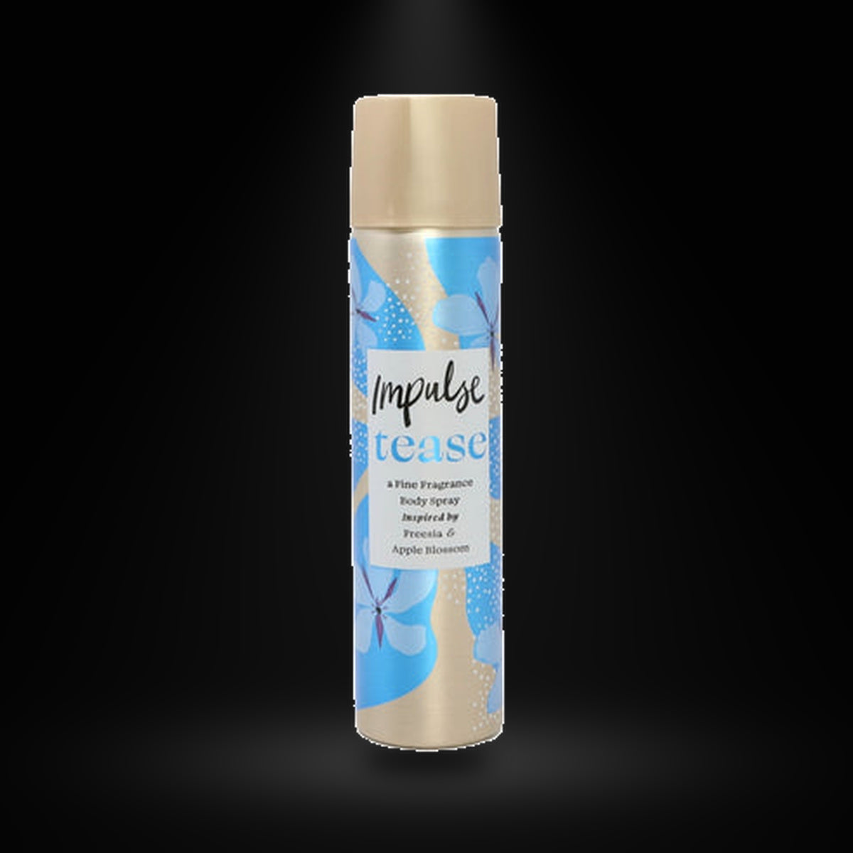 Impulse tease 75 ml on a black background with an overhead spotlight