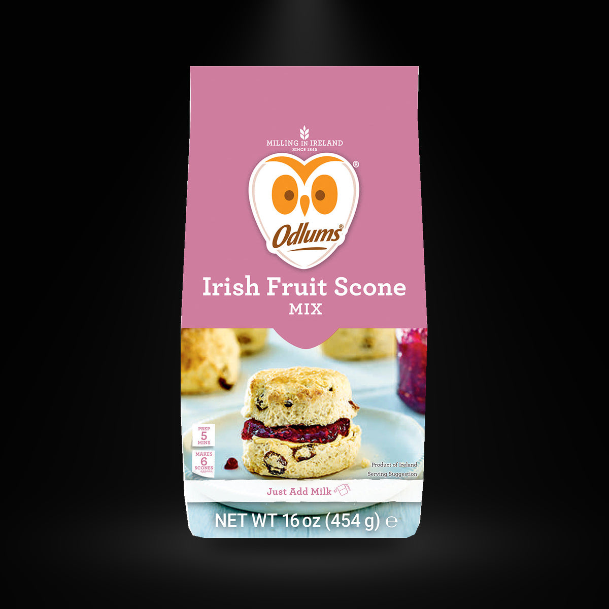 Irish Fruit Scone Mix 450gm on a black background with an overhead spotlight