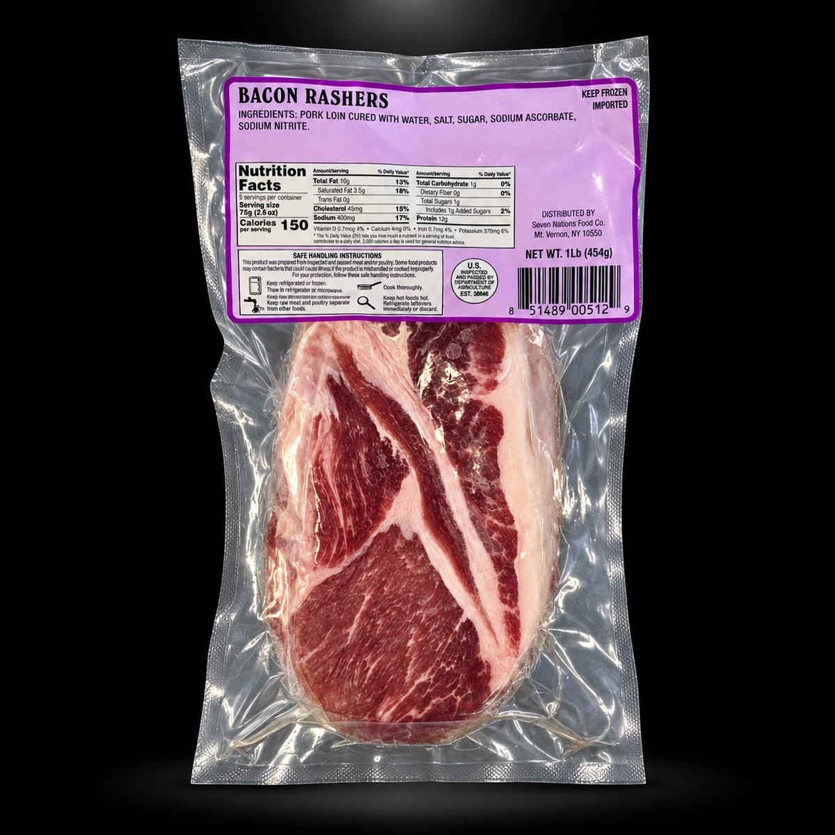 Adam's Village Bacon Rashers 454G — black background with overhead spotlight