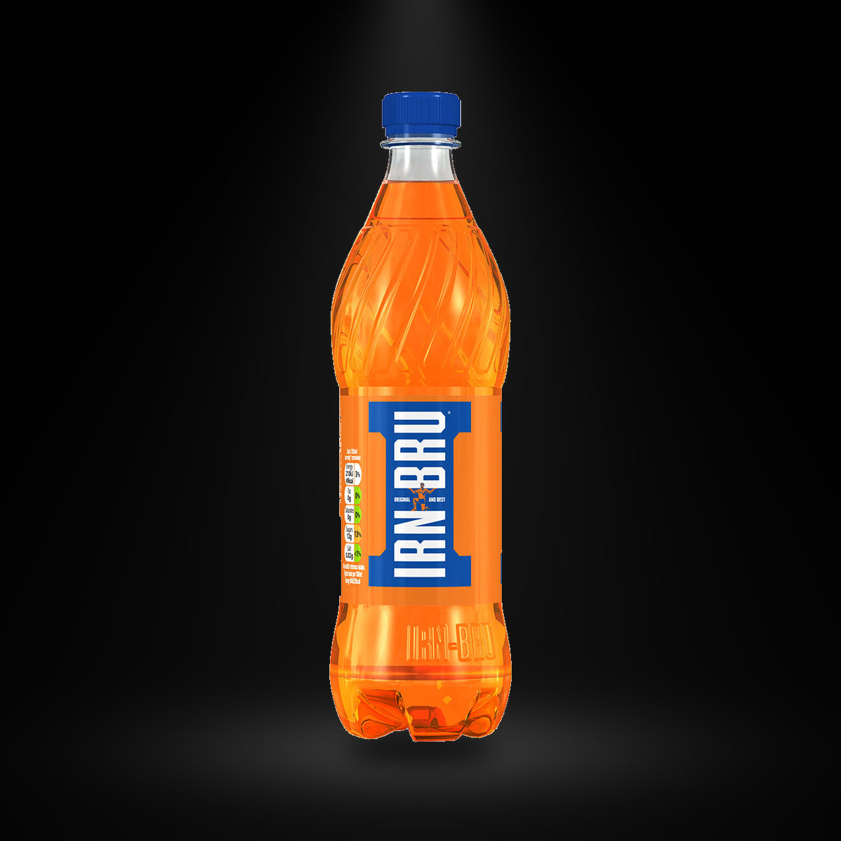 Irn Blue 500ML on a black background with an overhead spotlight