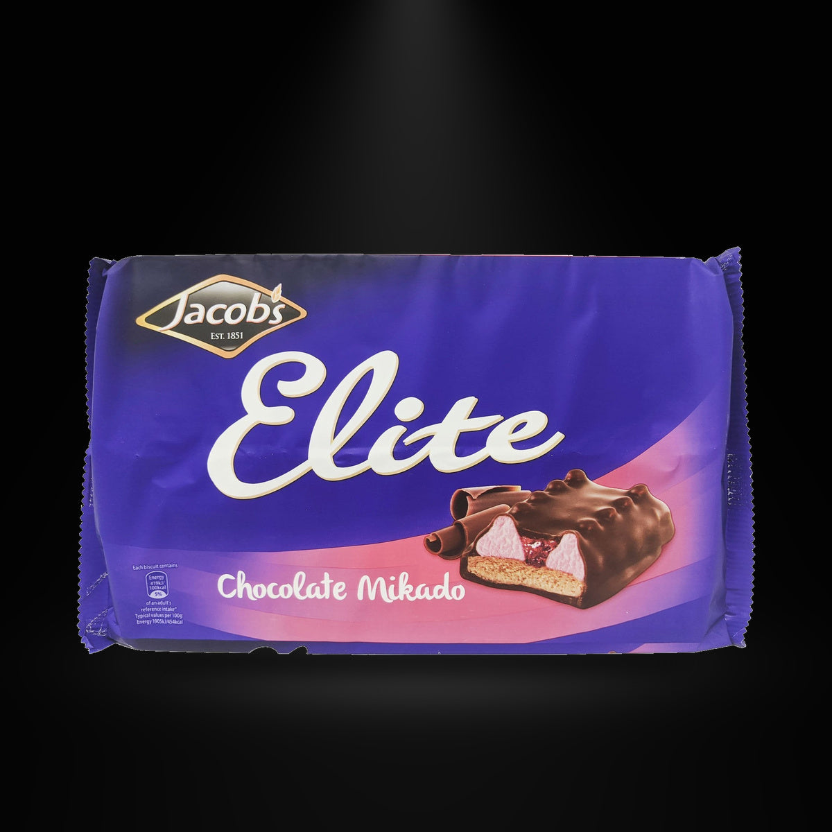 Jacob's Elite Choc. Mikado on a black background with an overhead spotlight