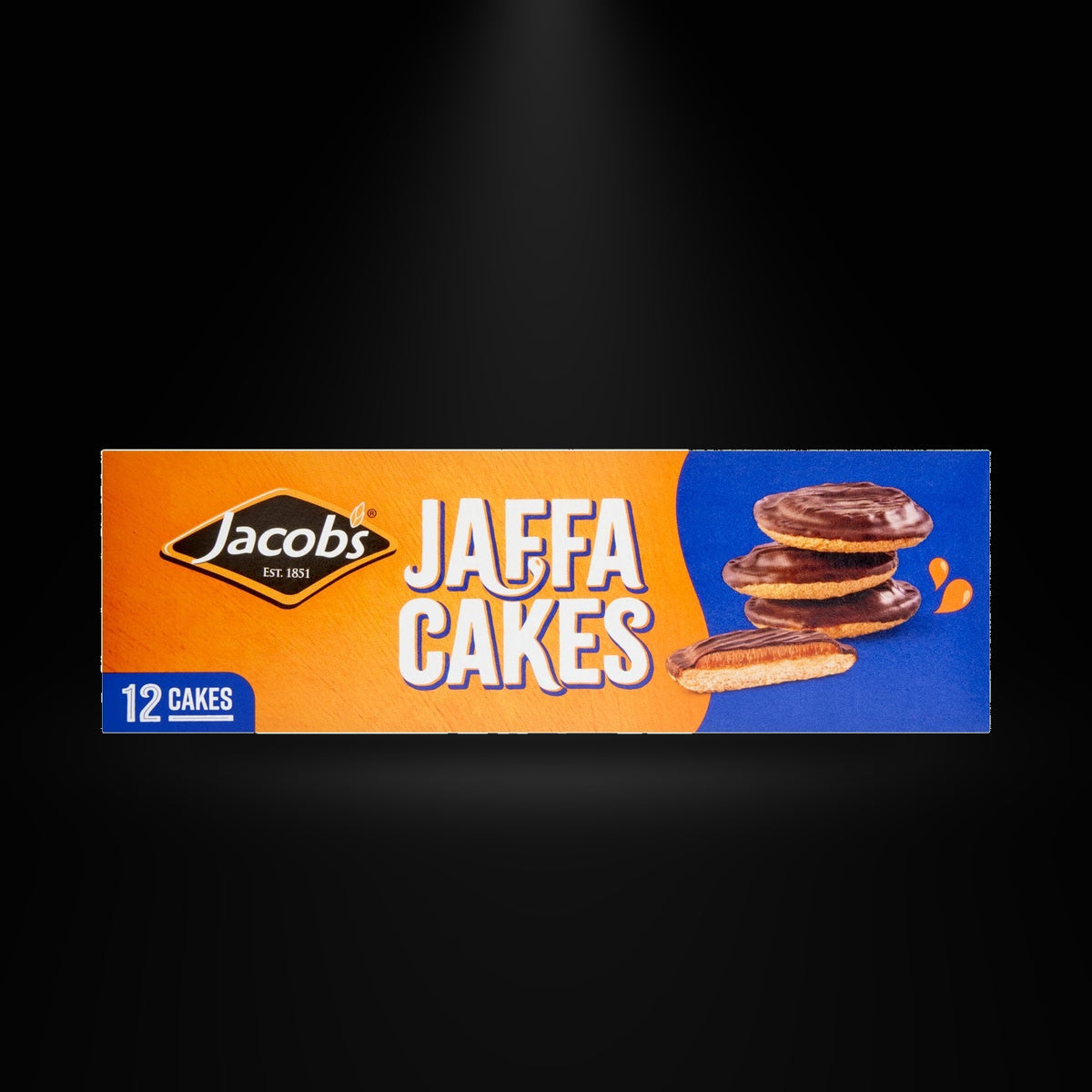 Jacob's Jaffa Cakes 150g on a black background with an overhead spotlight