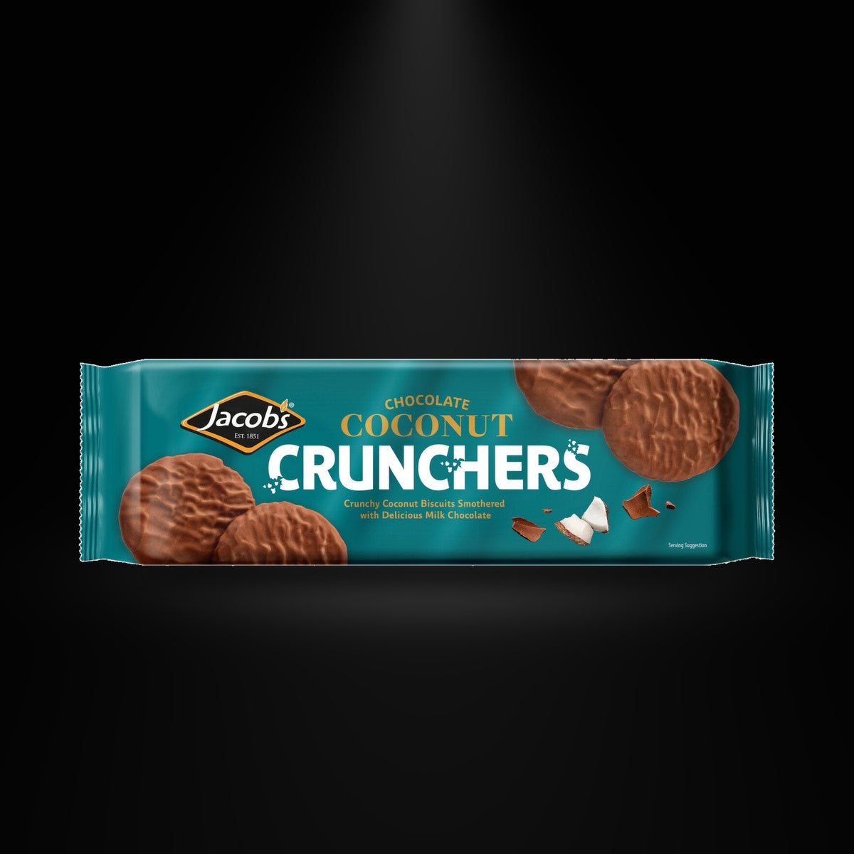 Jacobs Choco Coconut Crunchers 150gm on a black background with an overhead spotlight