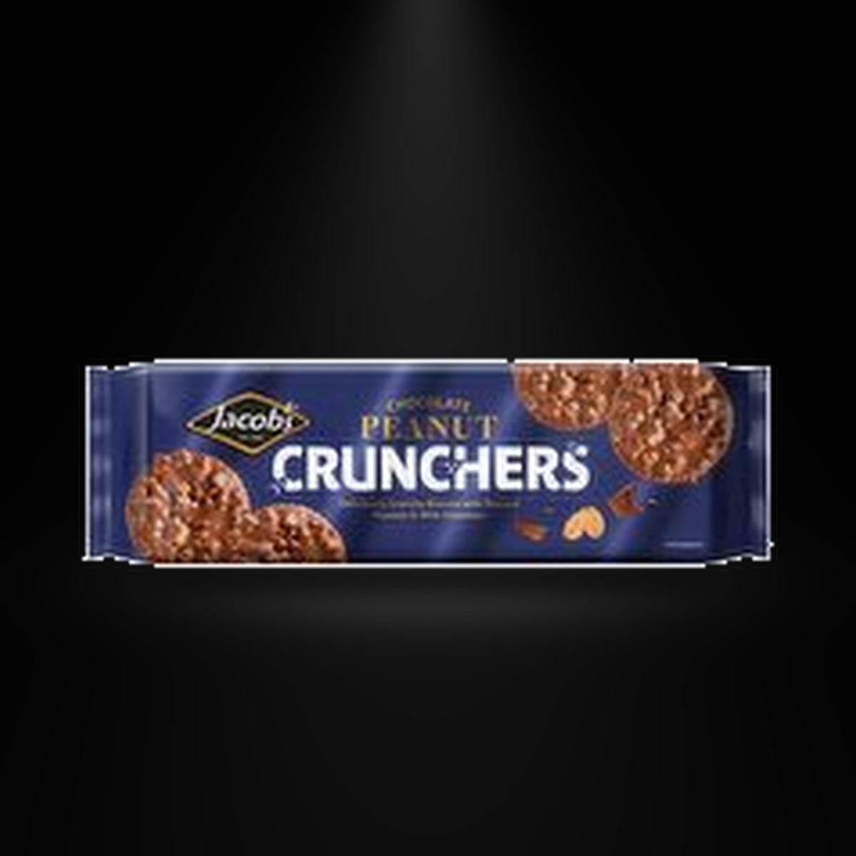 Jacobs Choco Peanut Crunchers 150gm on a black background with an overhead spotlight