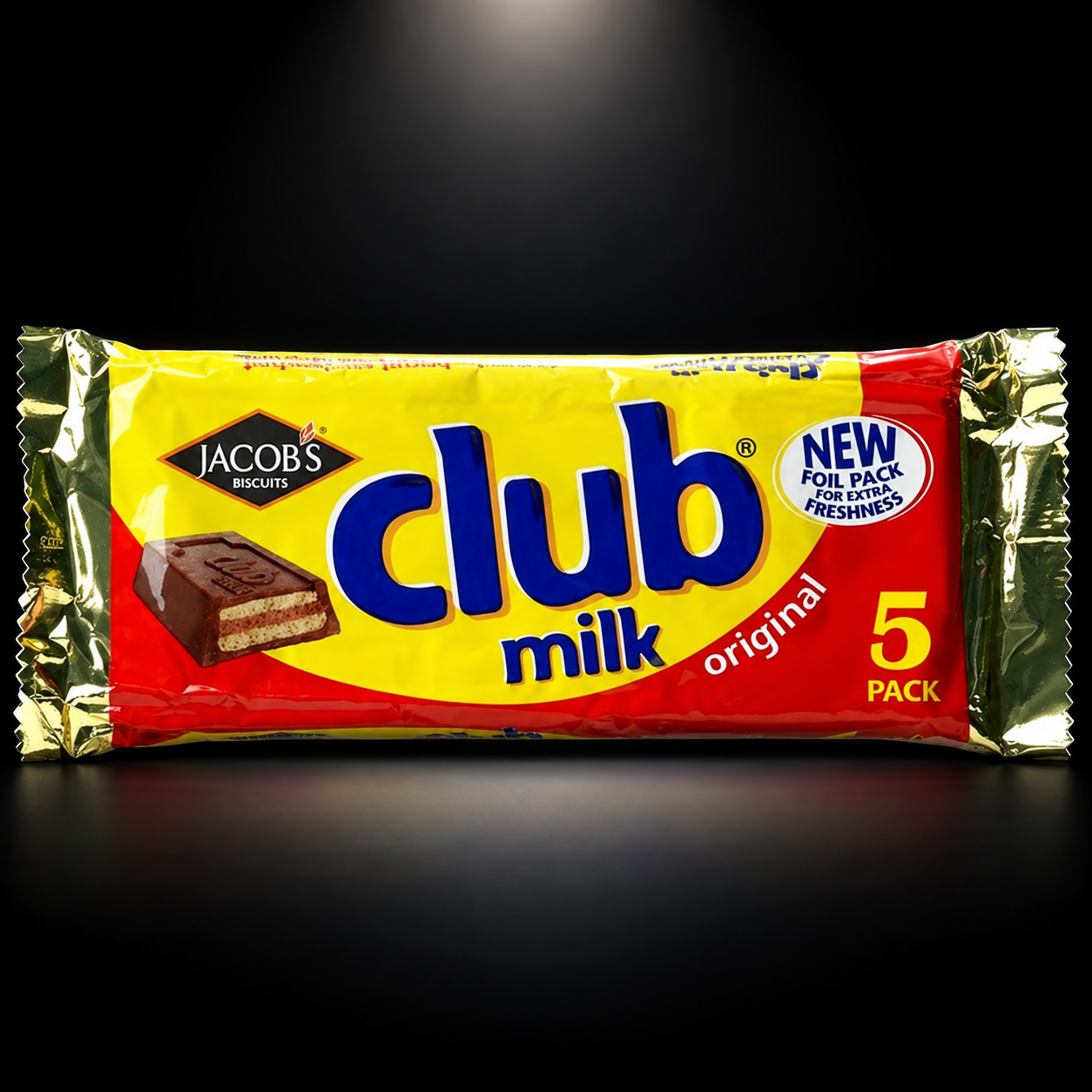 Club Milk Original 5pk on black background with overhead spotlight