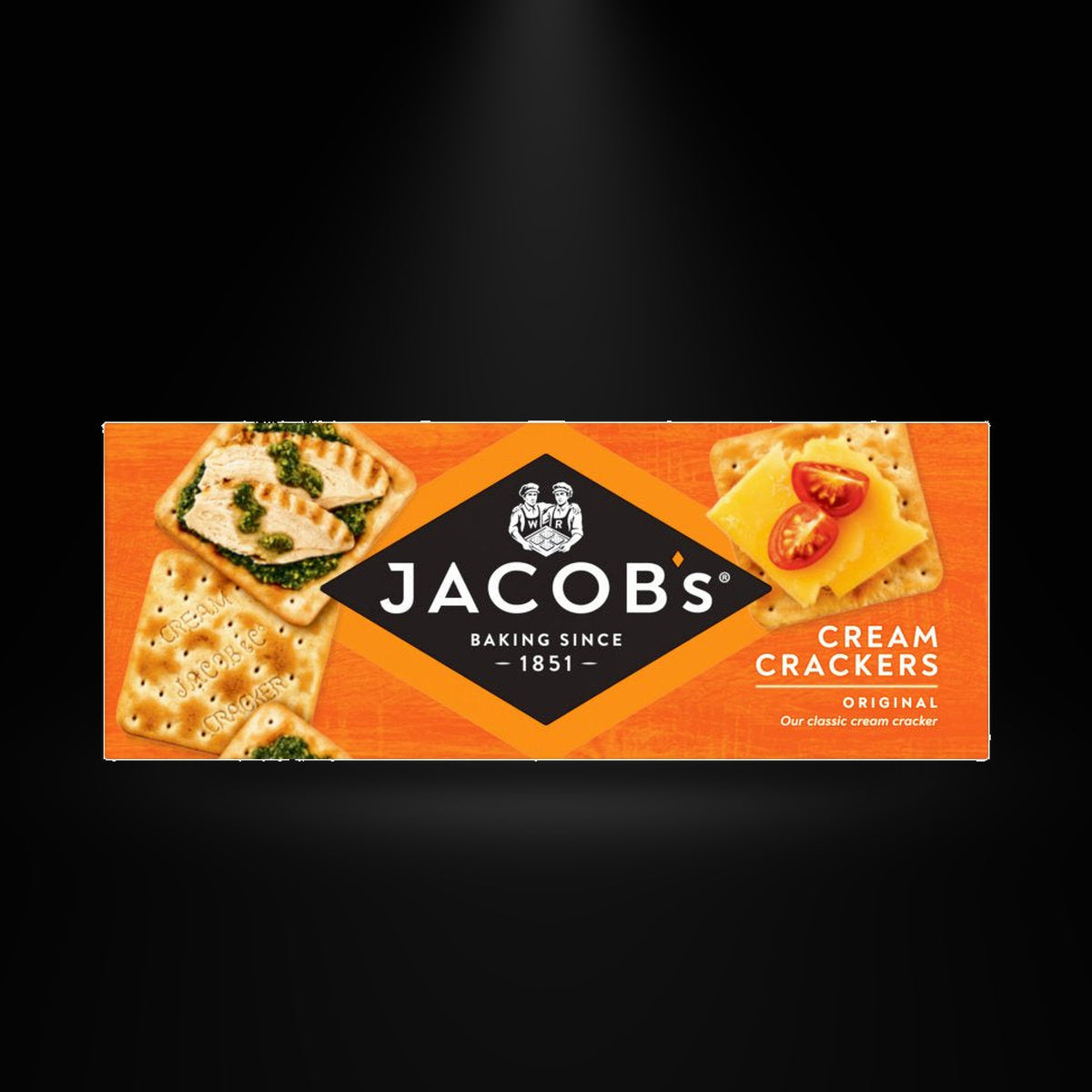 Jacobs Cream Crackers 200g on a black background with an overhead spotlight