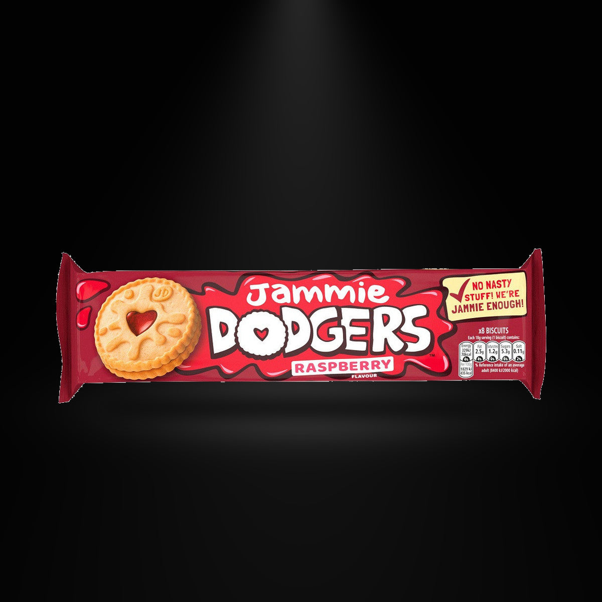 Jammie Dodgers Raspberry 140gm on a black background with an overhead spotlight