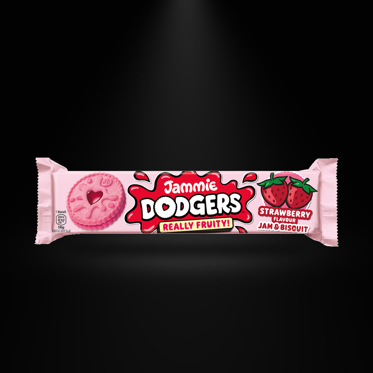Jammie Dodgers Strawberry Jam Biscuit 140G on a black background with an overhead spotlight