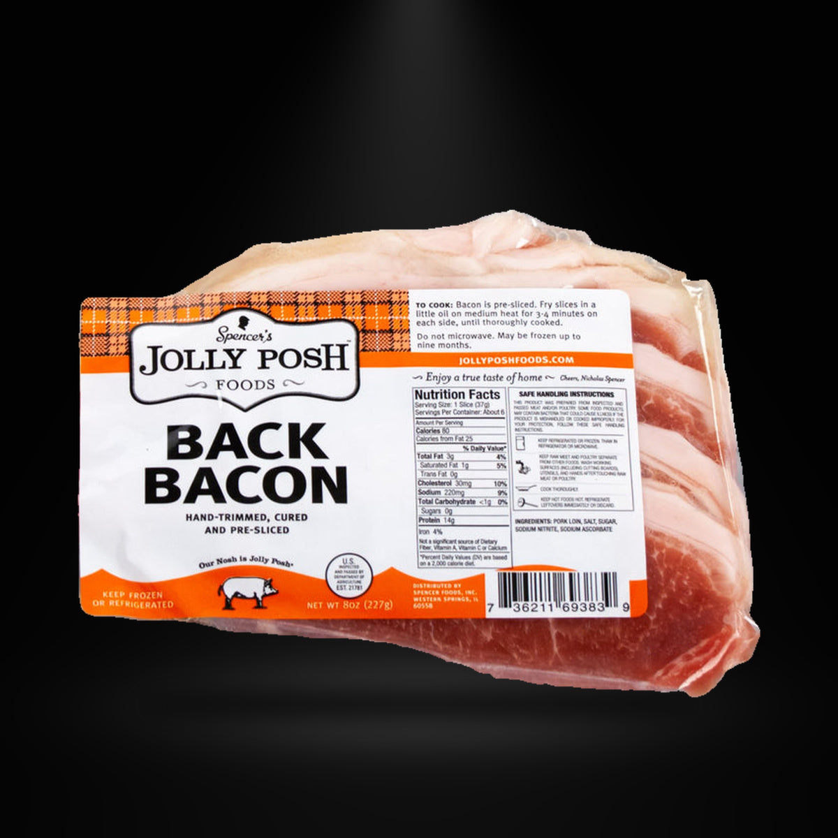 Jolly Posh Back Bacon 8OZ on a black background with an overhead spotlight