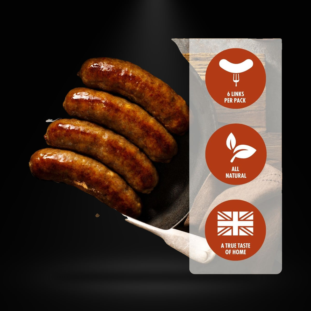 Jolly Posh Beef&Onion Bangers 16OZ on a black background with an overhead spotlight