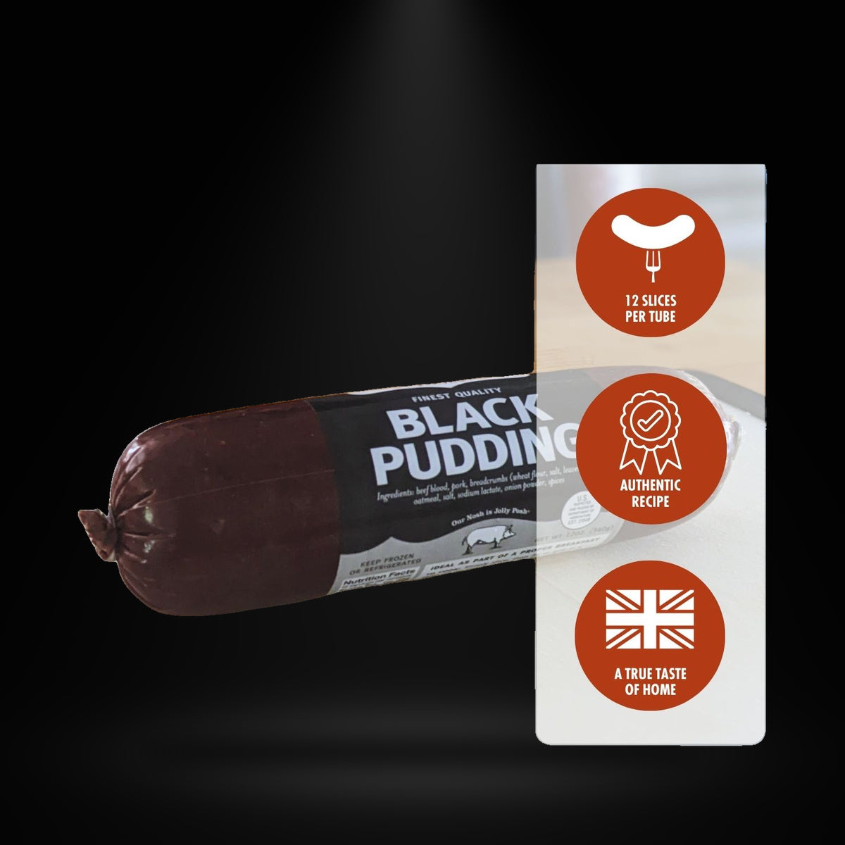 Jolly Posh Black Pudding 12OZ on a black background with an overhead spotlight
