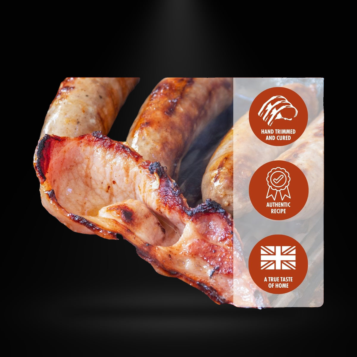 Jolly Posh Smoked Bacon 8OZ on a black background with an overhead spotlight