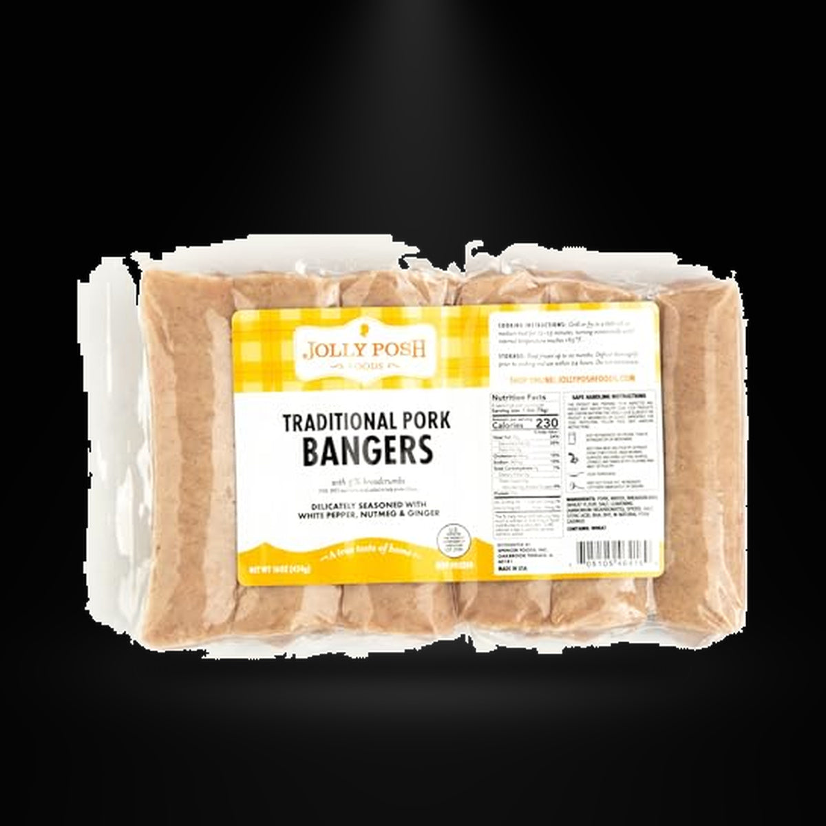 Jolly Posh Traditional Pork Bangers 16OZ on a black background with an overhead spotlight