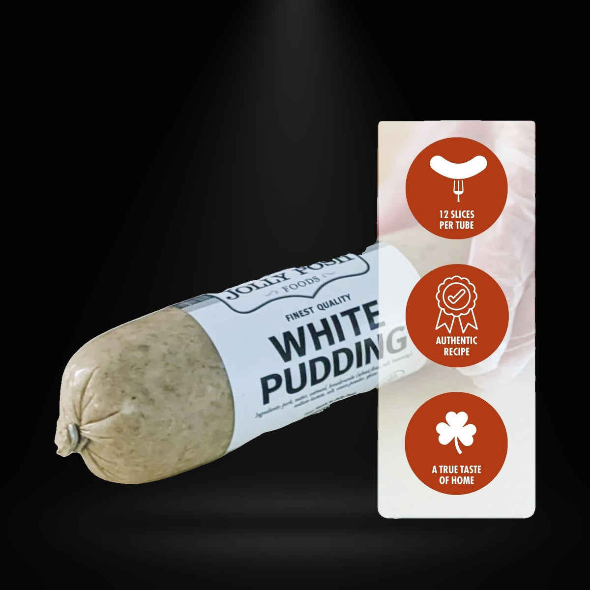 Jolly Posh White Pudding 12OZ on a black background with an overhead spotlight