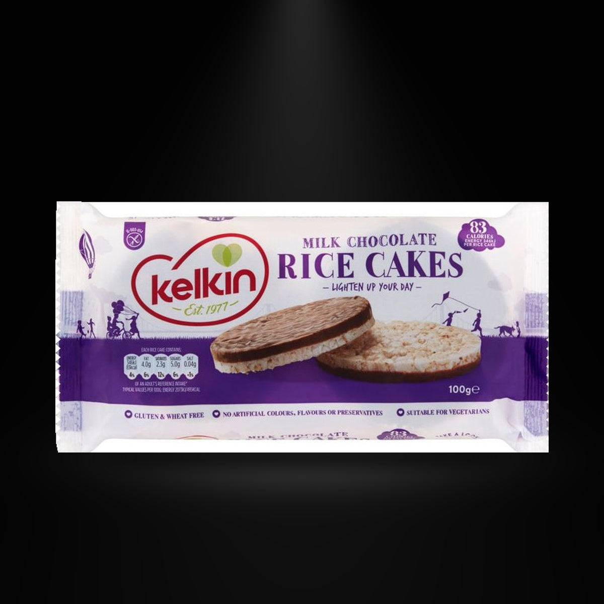 Kelkin Chocolate Rice Cake 100gm on a black background with an overhead spotlight