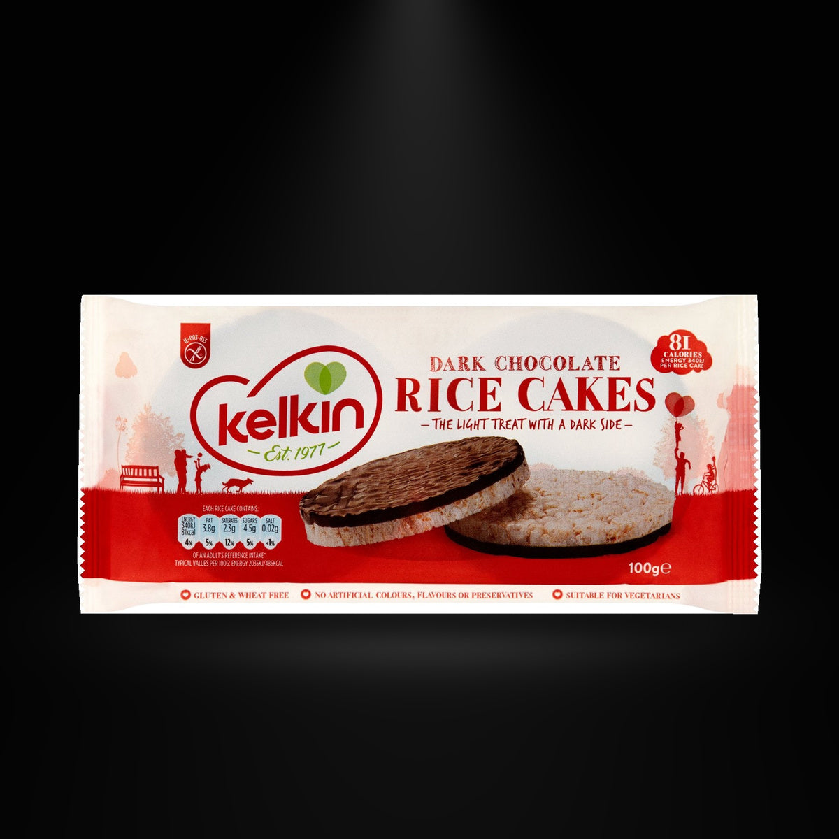 Kelkin Dark Choc Ricecake on a black background with an overhead spotlight