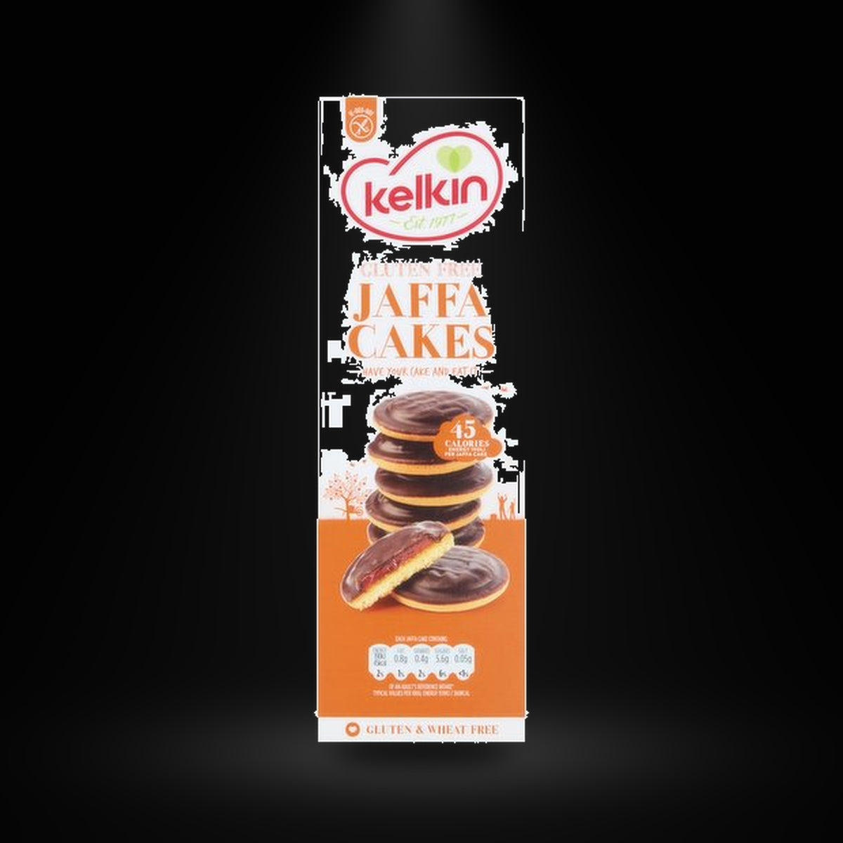 kelkin Jaffa Cakes on a black background with an overhead spotlight