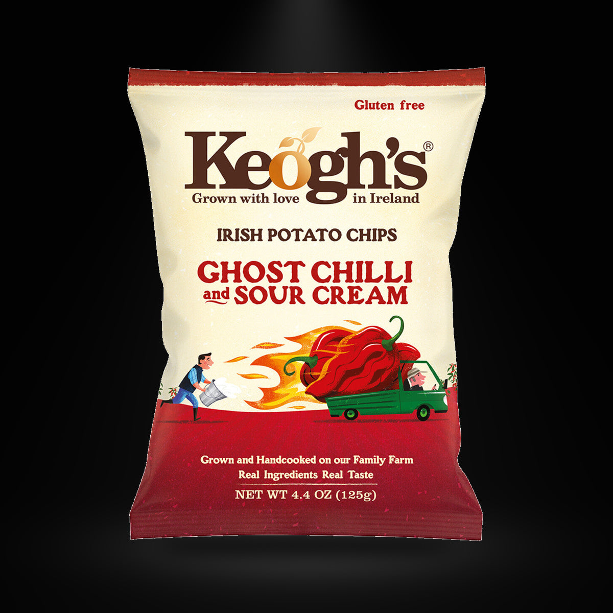 Keogh's Ghost Chilli& Sour Cream 125G on a black background with an overhead spotlight