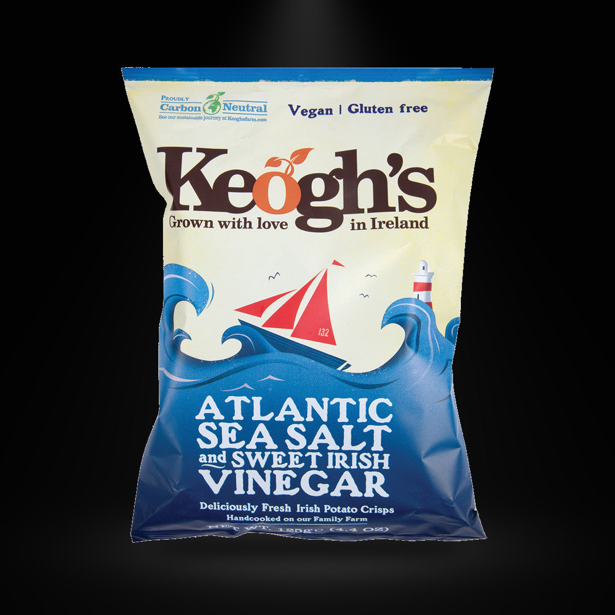 Keogh's Salt and Vinegar 125 gm on a black background with an overhead spotlight