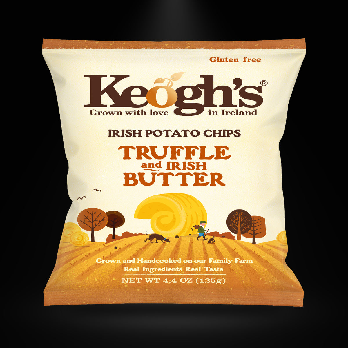 Keogh's Truffle And Irish Butter on a black background with an overhead spotlight