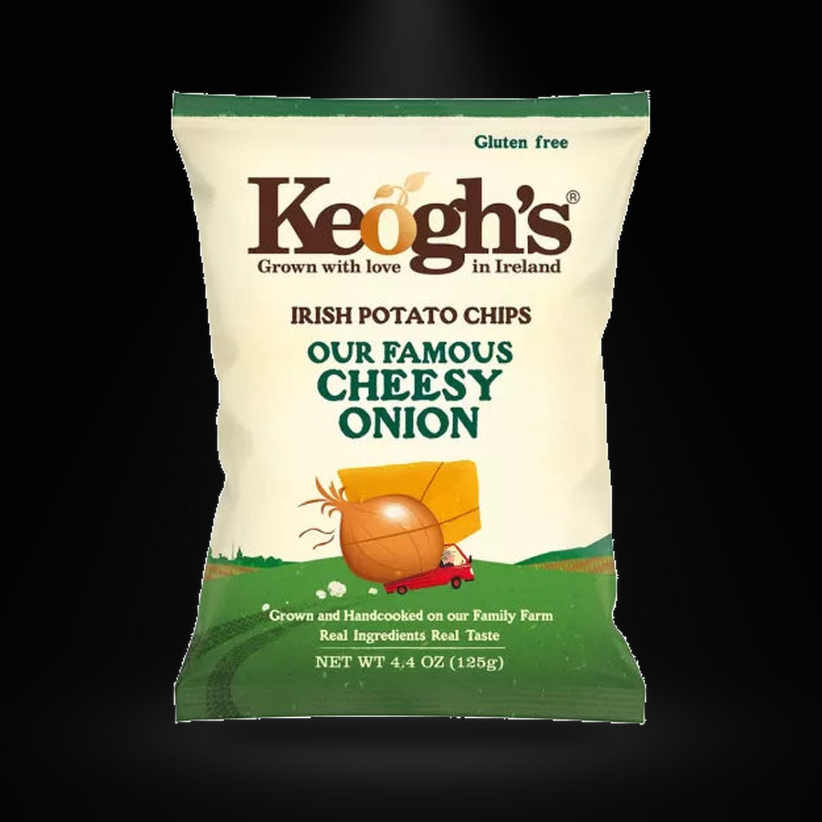 Keoghs Cheese and Onion 125 gm on a black background with an overhead spotlight